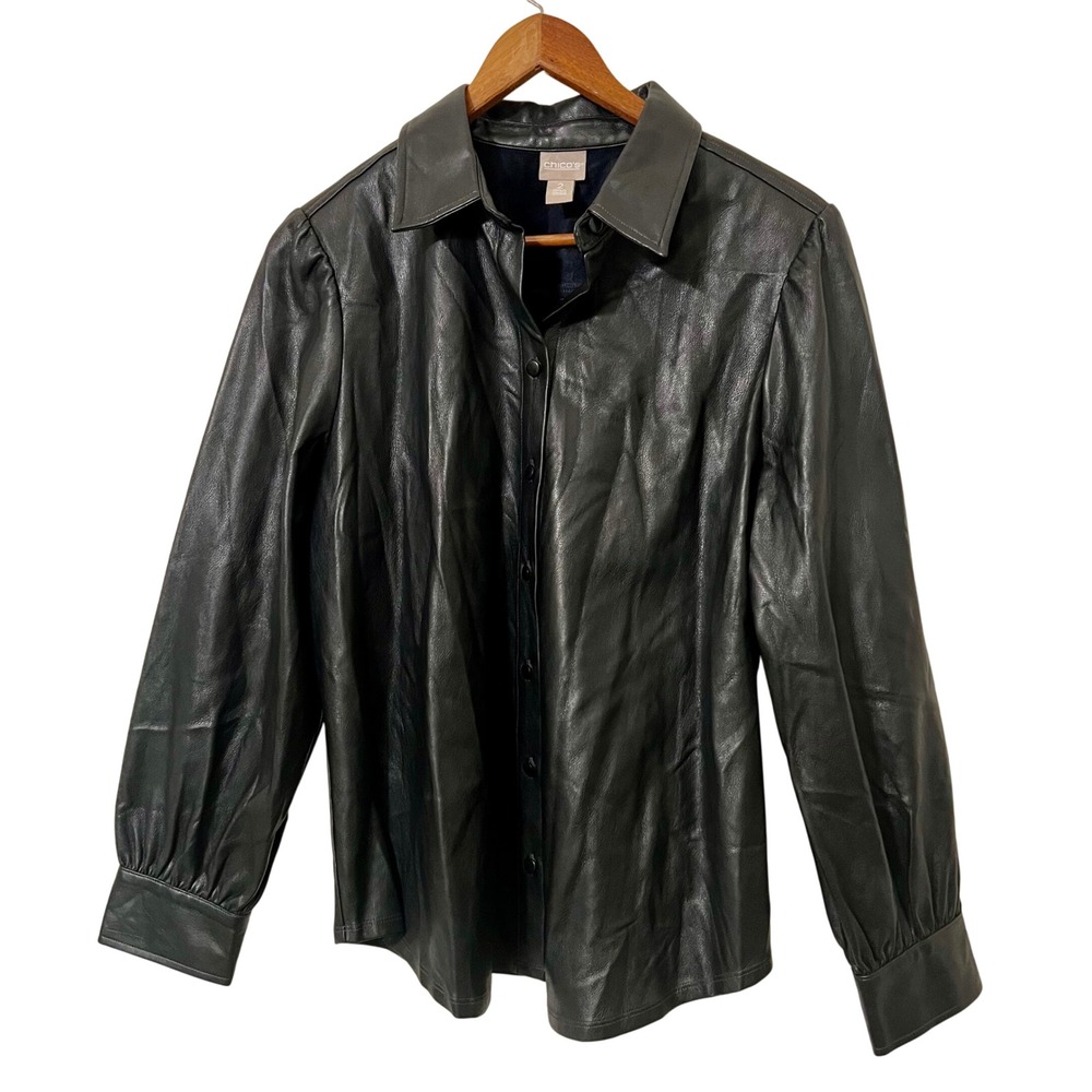 Chicos Black Faux Leather Collared Long Sleeve Button Up Jacket Large